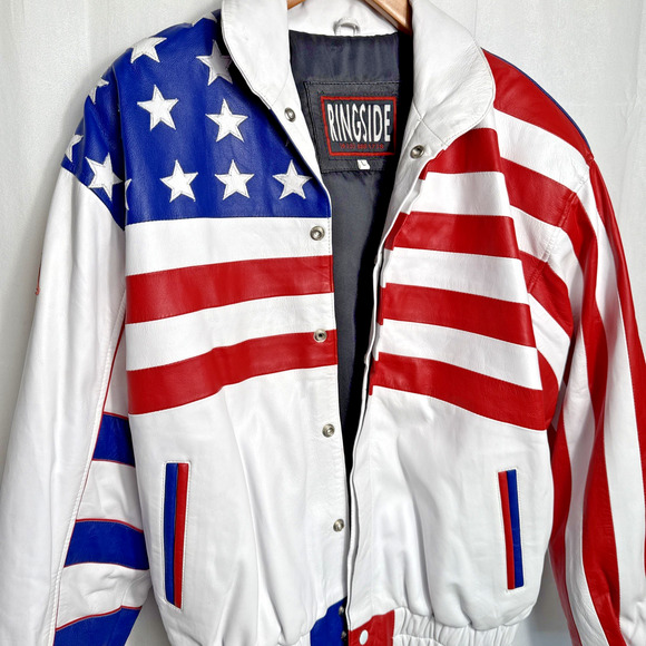 Vintage USA Boxing Leather Bomber Jacket Men's Size L Red White Blue Ringside KS - Picture 6 of 14